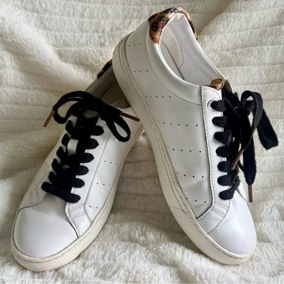 Women’s J Crew White Leather Sneakers w/ Leopard Accent “Saturday Sneakers” Sz 7 - Picture 1 of 7